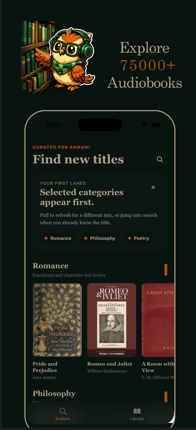 Mimesis explore screen showing curated audiobook discovery