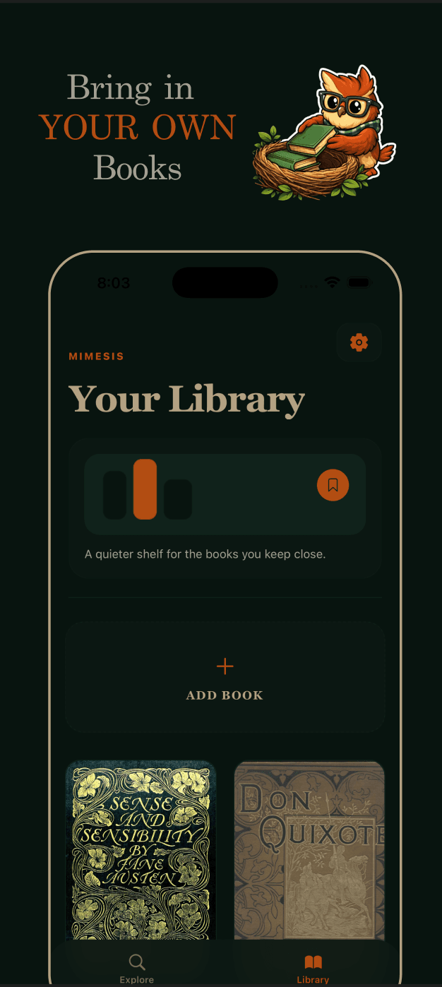 Mimesis library screen for bringing your own books