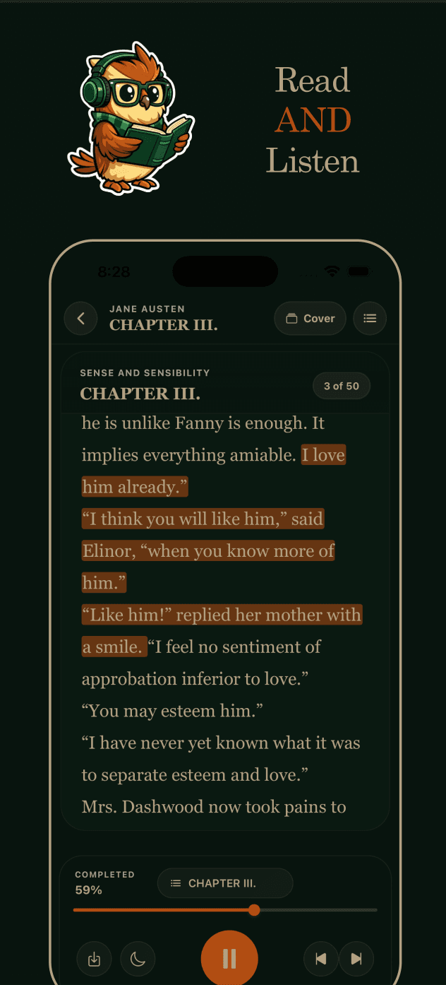 Mimesis reading screen combining text and audio controls